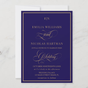 Klassische Monogramm Kobaltblau Gold Hochzeit Einladung