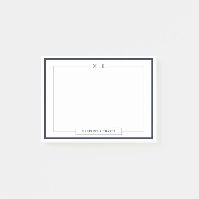 Klassische Monogramm-Navy-Blue-Rand-Papeterie Post-it Klebezettel (Vorderseite)