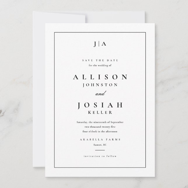 Klassische Monogramm Schwarz-Weiß-Hochzeit Save The Date (Vorderseite)
