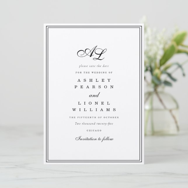 Klassische Monogramm Schwarz/Weiß Traditionelle Ho Save The Date (Stehend Vorderseite)