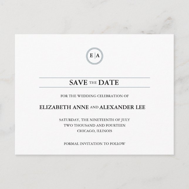 Klassische Monogramme - Silver Save the Date Ankündigungspostkarte (Vorderseite)