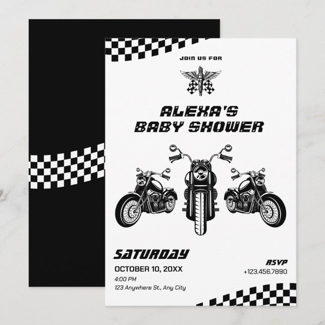 Klassische Motorradmechanik-Babydusche Einladung (Vorne/Hinten)