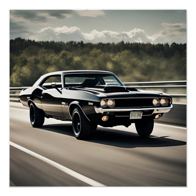 Klassische Muskelkarosse auf der Autobahn Poster (Vorderseite)