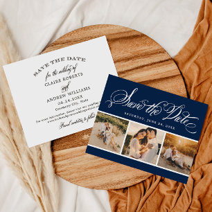 Klassische Navy-Kalligrafie-Hochzeit mit drei Foto Save The Date
