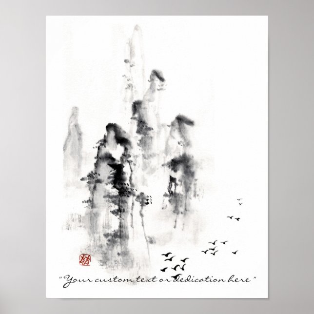 Klassische orientalische Sumi-e Tintenbergszene Poster (Vorne)