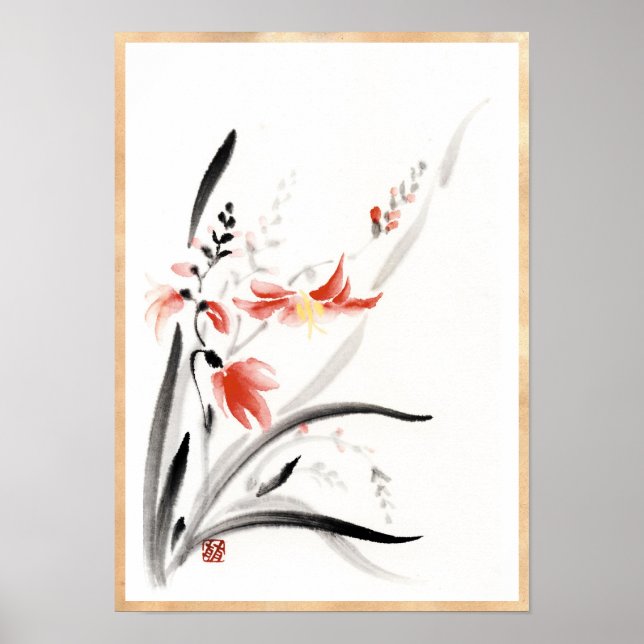 Klassische orientalische Sumi-e Tintenfarbe Blume Poster (Vorne)