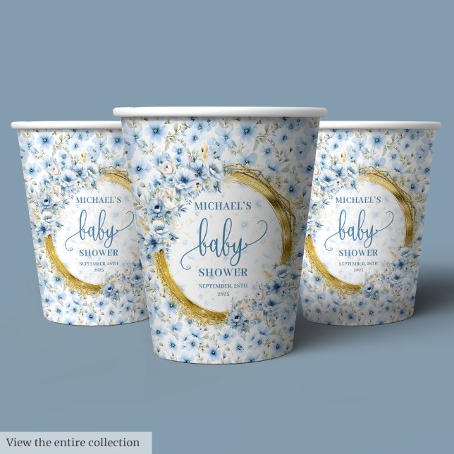 Klassische pastellblaue Aquarellfarben Blume Gold  Pappbecher (Classic pastel blue watercolor flowers gold party Paper Cups)
