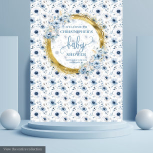 Klassische pastellblaue Blumen Gold Baby Shower Fo Wandteppich