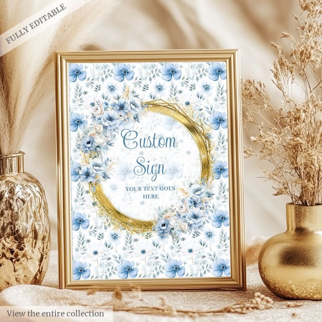 Klassische pastellblaue Blumen Goldbabylzeichen Poster (Classic pastel blue flowers gold baby custom sign)