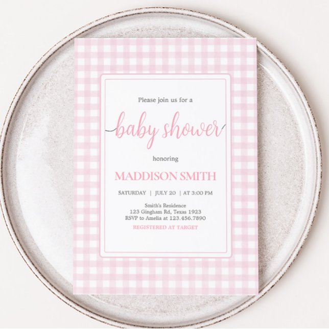 Klassische Pink Gingham Baby Dusche Einladung (Girl Gingham Baby Shower Invitation)