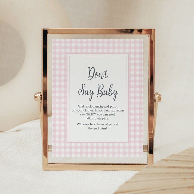 Klassische Pink Gingham Baby Dusche Say Baby nicht Poster (Girl Gingham Baby Shower Don't Say Baby Sign)
