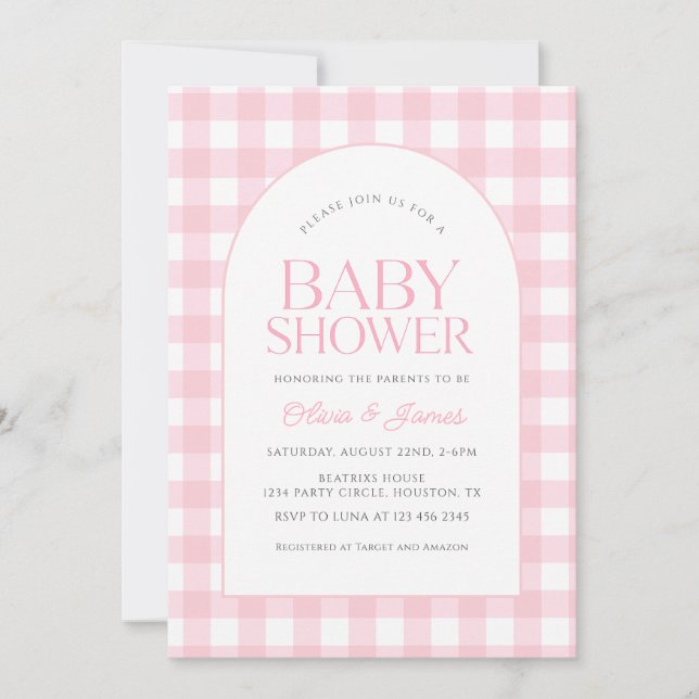 Klassische Pink Gingham Girl Baby Dusche Einladung (Vorderseite)
