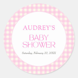 Klassische Pink Gingham Girl Baby Dusche Runder Aufkleber