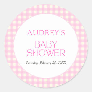 Klassische Pink Gingham Girl Baby Dusche Runder Aufkleber