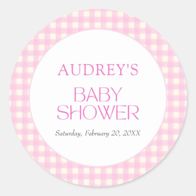 Klassische Pink Gingham Girl Baby Dusche Runder Aufkleber (Vorderseite)