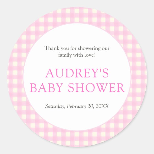 Klassische Pink Gingham Girl Baby Dusche Runder Aufkleber (Vorderseite)