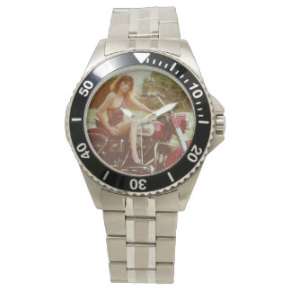Klassische Pinup Girl auf einem Motorrad Armbanduhr
