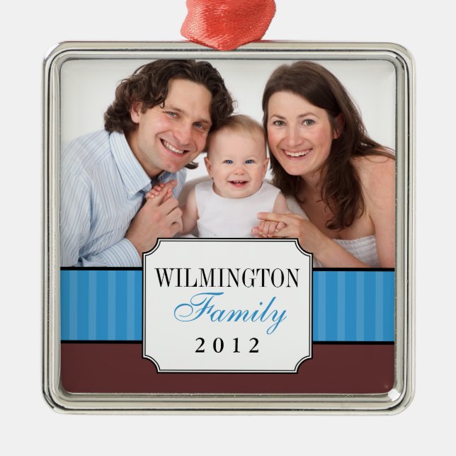 Klassische Portrait Blue Stripe Band Weihnachts-Fo Silbernes Ornament (Vorne)