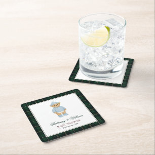 Klassische Preppy-Bär-Tartan-Karo-Baby-Party Rechteckiger Pappuntersetzer
