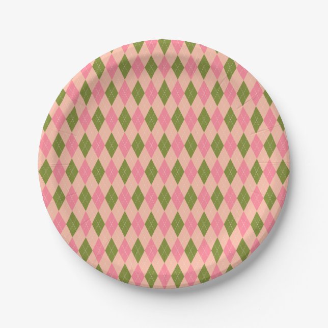 Klassische Preppy-Raute in Hübsch rosa und grün Pappteller (Vorderseite)