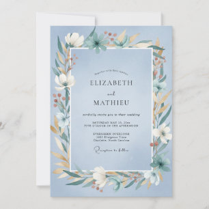 Klassische Puderblaue Blatt-Hochzeit Einladung