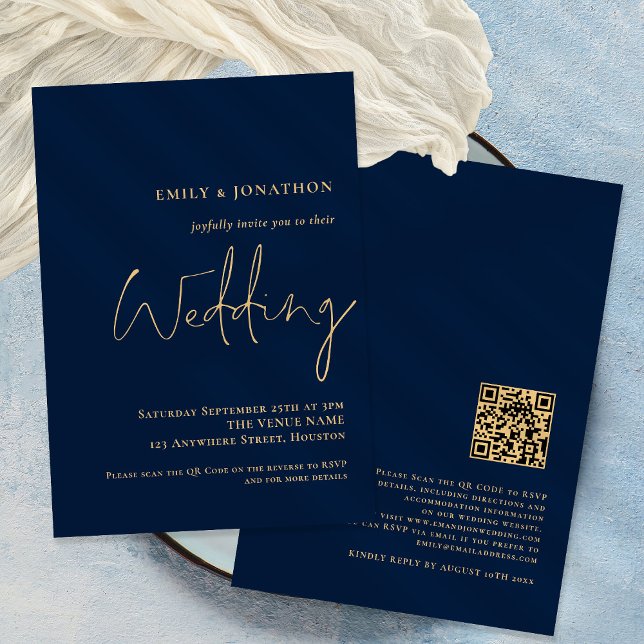 Klassische QR Code Navy Gold Script Einladung Hoch (Von Creator hochgeladen)
