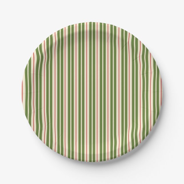 Klassische Retro WeihnachtsStreifen Olive Cream Re Pappteller (Vorderseite)