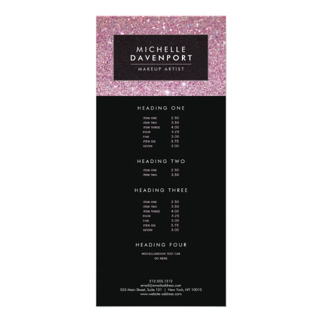 Klassische Rosa Glitzer Makeup Artist Rack Card Werbekarte (Vorne)