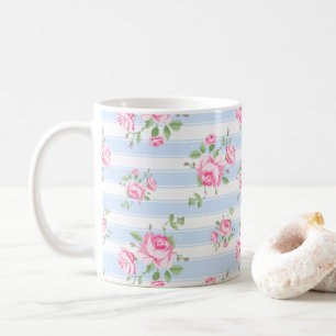 Klassische rosa Rose und Streifen Cottage Core Kaffeetasse