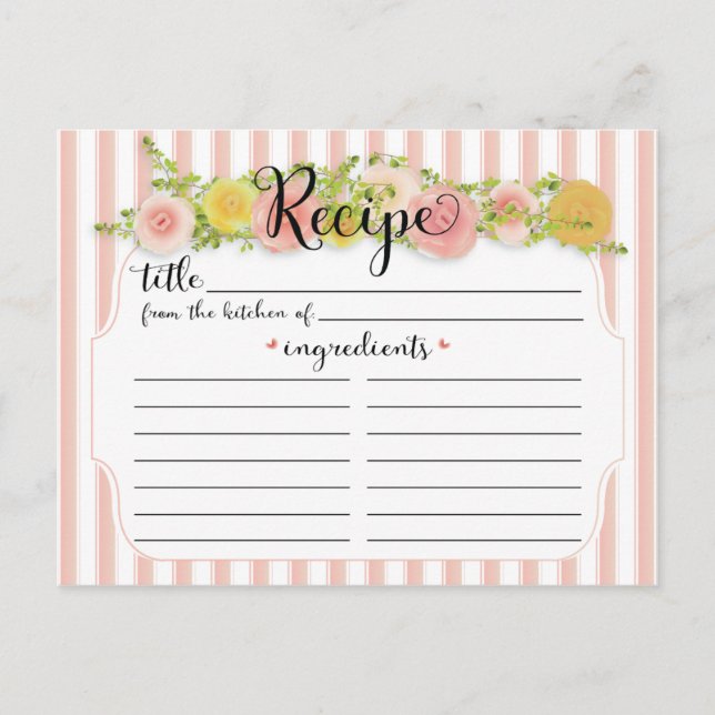 Klassische rosa Streifen mit Rose Rezeptkarte Postkarte (Vorderseite)