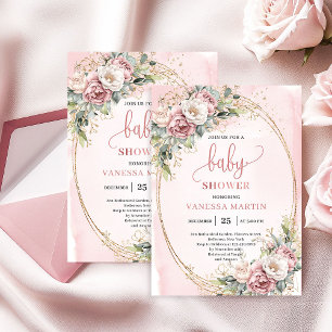 Klassische rosafarbene Floral-Eukalyptus-Baby-Part Einladung