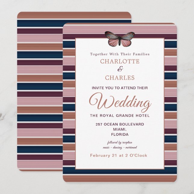 Klassische Rose Gold Navy Pflaumenmuster Einladung (Vorne/Hinten)