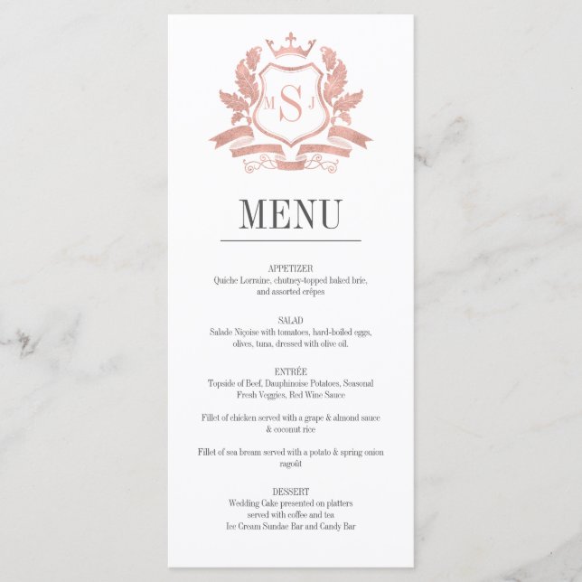 Klassische Rose Gold Wappen Wedding Menu Card Menükarte (Vorderseite)