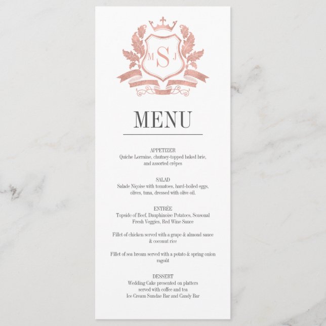 Klassische Rose Gold Wappen Wedding Menu Card Menükarte (Vorderseite)