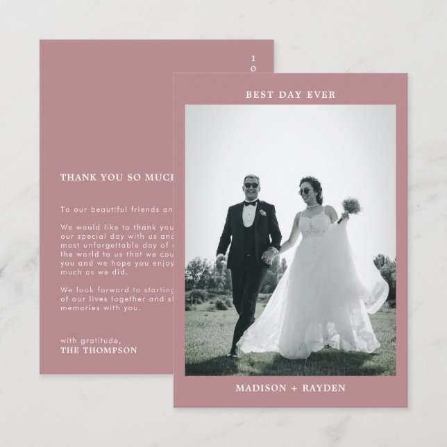 Klassische Rose Rosa Typografie Foto Hochzeit Dankeskarte (Vorne/Hinten)