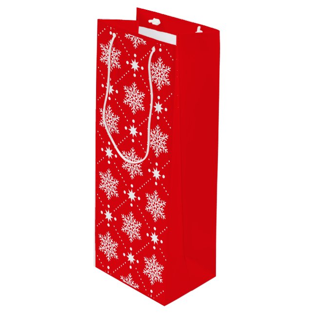 Klassische Rot und Weiße Schneeflocken Weihnachtsm Geschenktüte Für Weinflaschen (Vorderseite Schrägansicht)