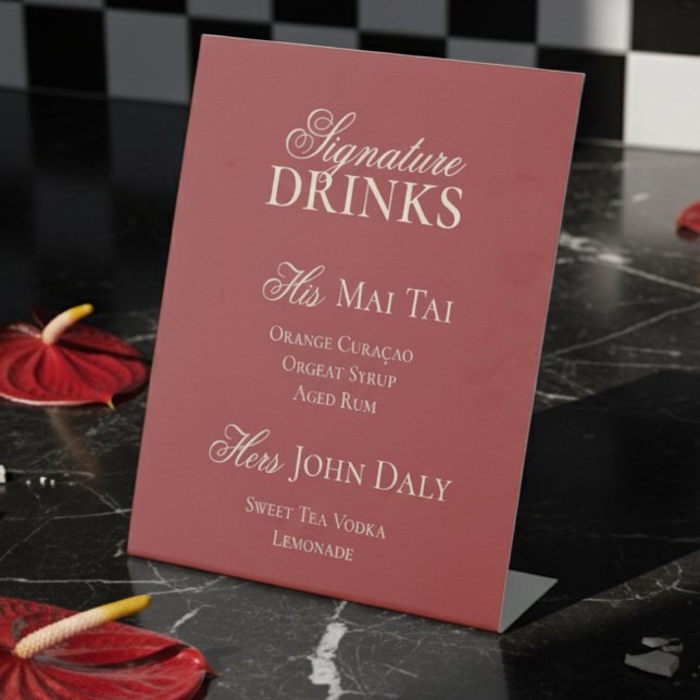 Klassische Rote Minimalistische Hochzeitstiche Sockelschild (Elevate your bar setup with this Old Money Bold Red Signature Drinks Sign!)