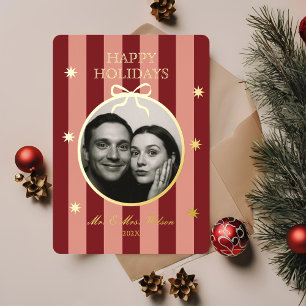 Klassische rote Streifen-Fotoholiday-Karte Folien Feiertagspostkarte