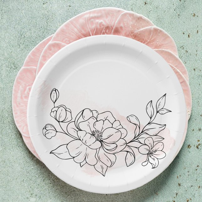 Klassische, runde Wasserfarbe mit schwarzer Blüte Pappteller (Classic Round Blush Watercolor with Black Floral Paper Plates)
