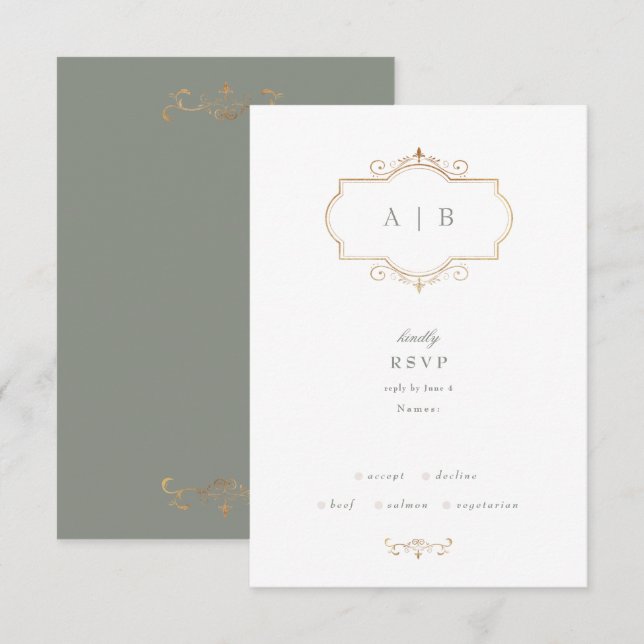klassische Salbeigrün, elegante goldfarbene Monogr RSVP Karte (Vorne/Hinten)
