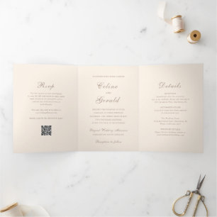 Klassische Sandy Neutral QR Code Elegante Hochzeit Dreifach Gefaltete Einladung