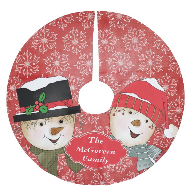 Klassische Schneemänner auf dem Roten Schneeflocke Polyester Weihnachtsbaumdecke (Vorderseite)