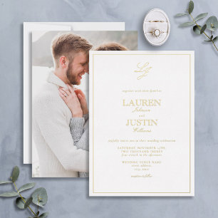Klassische Schrift Monogramm Foto Hochzeit Gold Folieneinladung