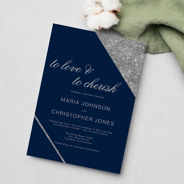Klassische Schrift Silber-Glitzer-Hochzeit Einladung (Classic script silver glitter navy blue wedding )