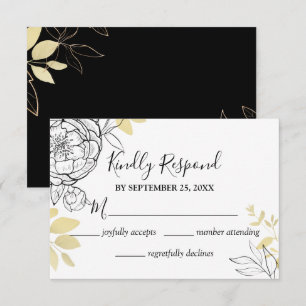 Klassische Schwarz-Gold-Peony-Hochzeit RSVP Karte