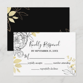 Klassische Schwarz-Gold-Peony-Hochzeit RSVP Karte