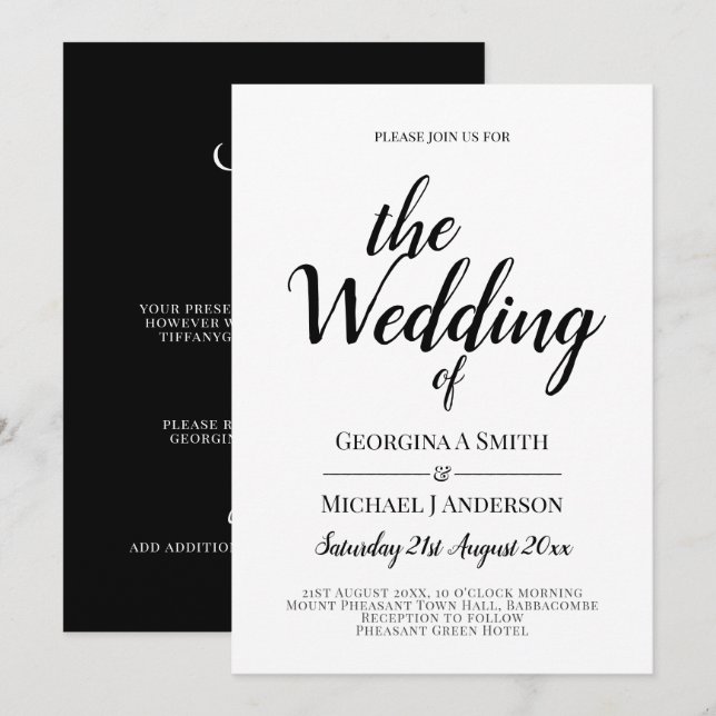 Klassische Schwarz-Typografie-Hochzeitseinladung Einladung (Vorne/Hinten)