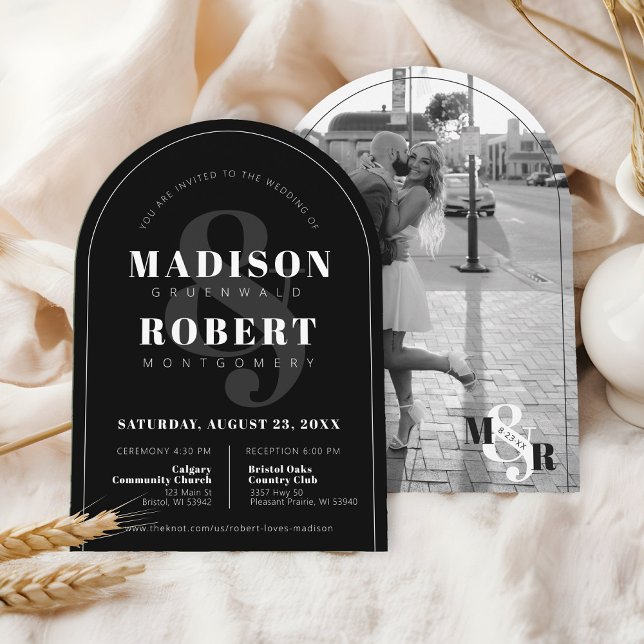 Klassische Schwarz/Weiß Ampersand Foto Arch Weddin Einladung (Modern, simple, elegant black and white photo arch shape classic photo monogram arch wedding invite)