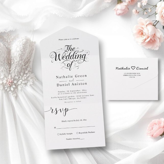 Klassische Schwarz-Weiß-Kalligrafie-Hochzeit All In One Einladung (Von Creator hochgeladen)
