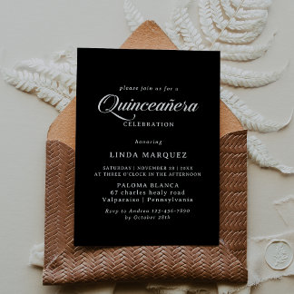 Klassische Schwarz-Weiß-Kalligrafie-Quinceañera Einladung